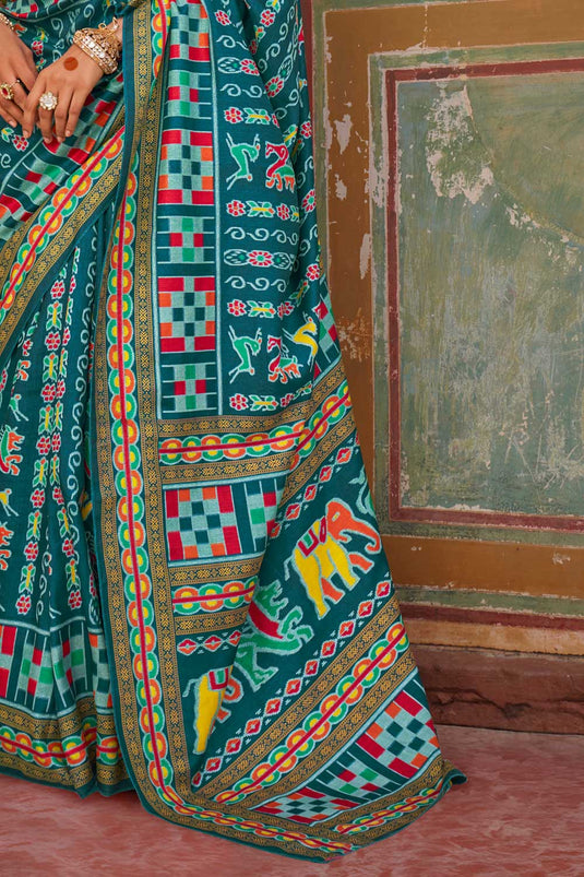 Teal Color Brilliant Art Silk Printed Saree