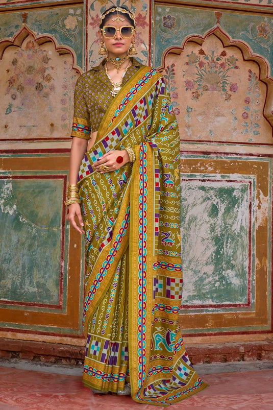 Imposing Art Silk Printed Saree In Mustard Color