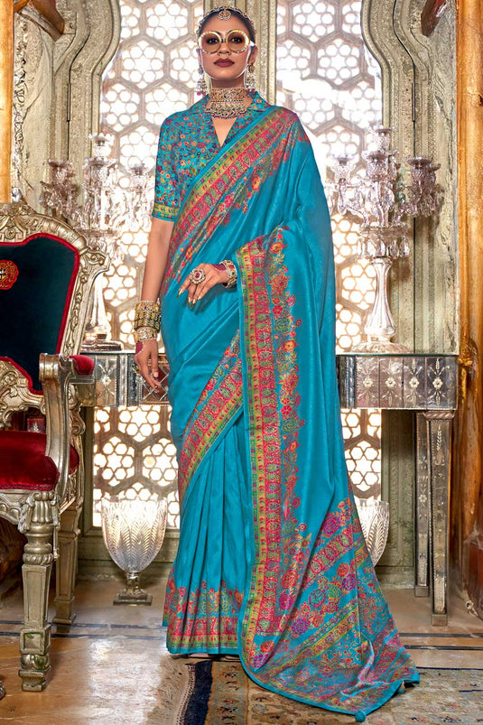 Graceful Art Silk Cyan Color Saree With Printed Work