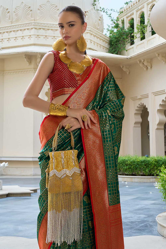 Tempting Green Color Banarasi Silk Saree With Weaving Work