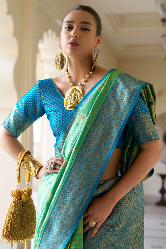 Classic Weaving Work On Sea Green Color Banarasi Silk Saree