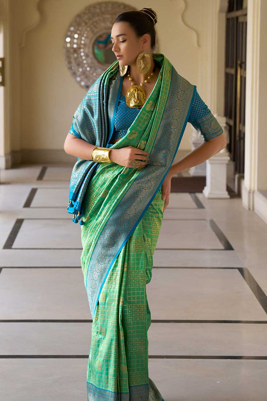 Classic Weaving Work On Sea Green Color Banarasi Silk Saree