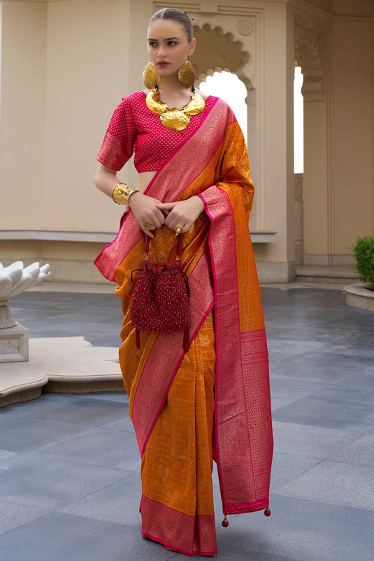 Orange Color Banarasi Silk Saree With Lovely Weaving Work