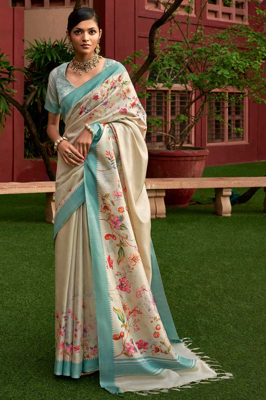 Beige Color Art Silk Fabric Engaging Floral Printed Saree