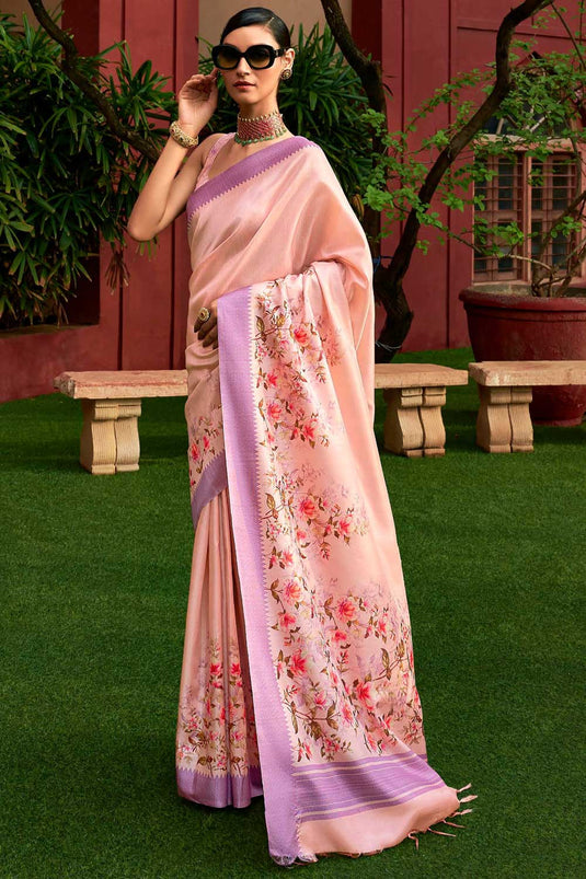 Pink Color Sober Floral Printed Saree In Art Silk Fabric