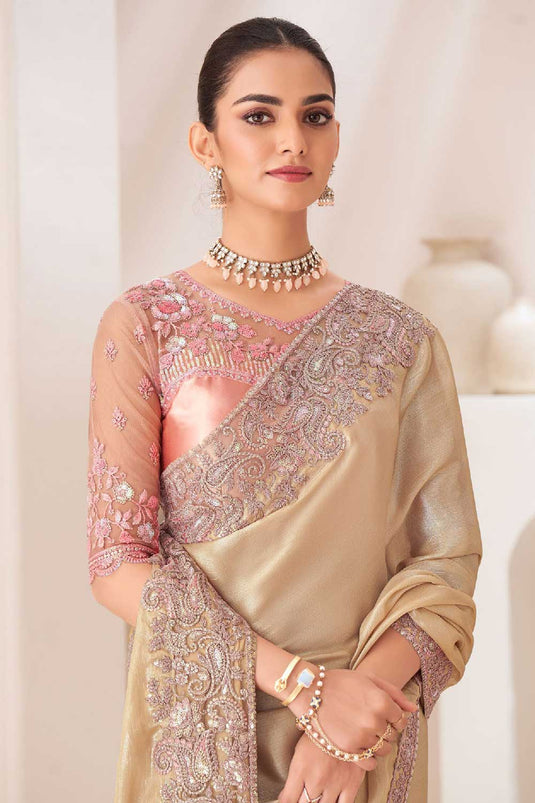 Beguiling Border Work On Beige Color Chiffon Fabric Saree