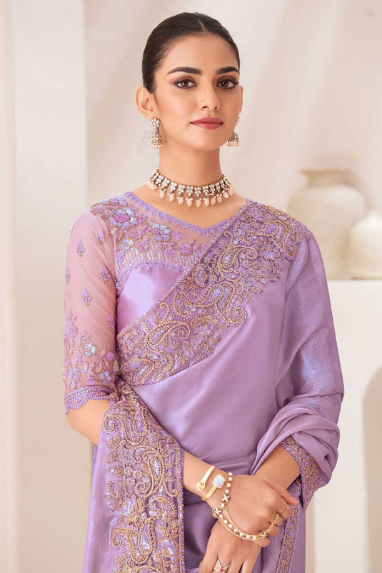 Amazing Border Work On Lavender Color Chiffon Fabric Saree