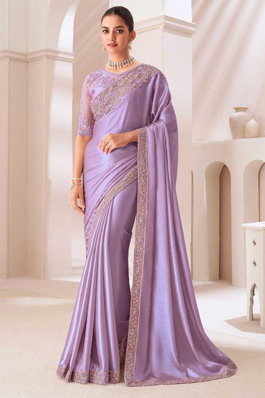 Amazing Border Work On Lavender Color Chiffon Fabric Saree