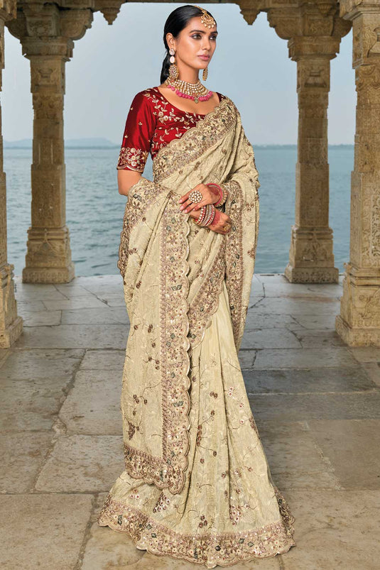 Cream Color Heavy Embroidered Work Banarasi Fabric Incredible Saree