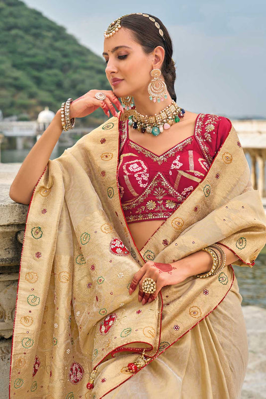 Kanjivaram Fabric Heavy Embroidered Work Luxurious Saree In Beige Color