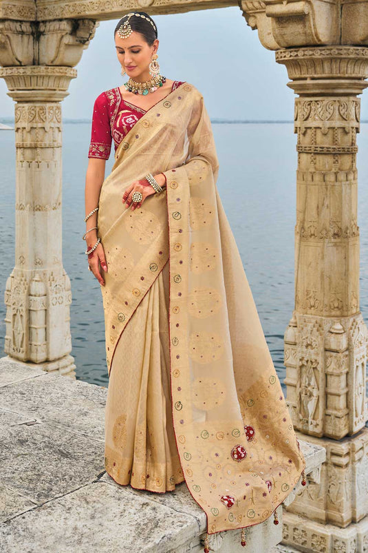 Kanjivaram Fabric Heavy Embroidered Work Luxurious Saree In Beige Color