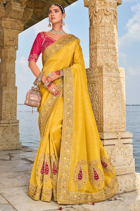 Heavy Embroidered Work Crepe Fabric Mustard Color Magnificent Saree