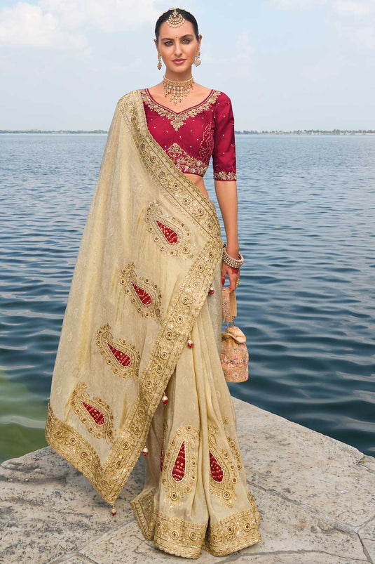 Crepe Fabric Heavy Embroidered Work Vivacious Saree In Cream Color