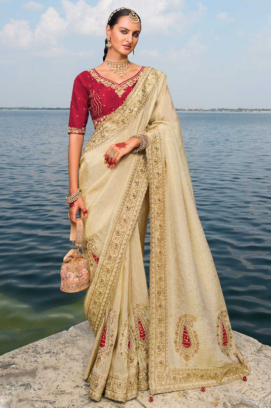 Crepe Fabric Heavy Embroidered Work Vivacious Saree In Cream Color