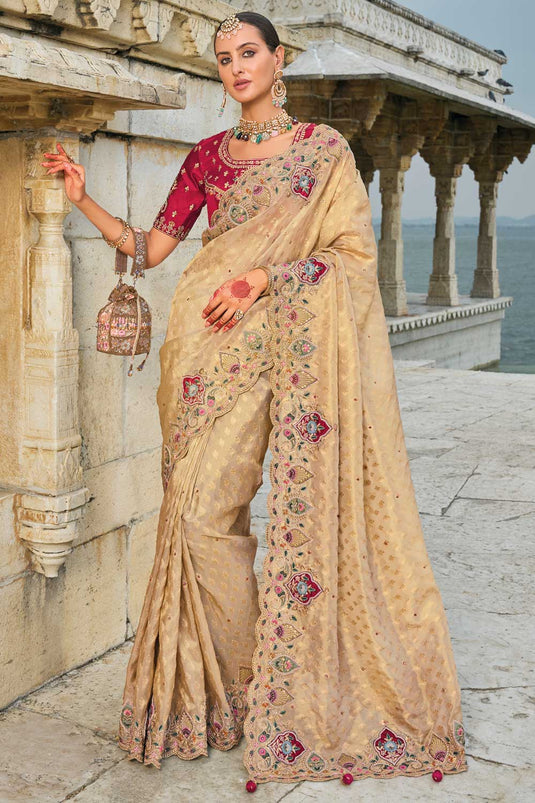 Kanjivaram Fabric Heavy Embroidered Work Wondrous Saree In Beige Color