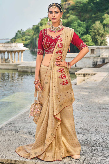 Kanjivaram Fabric Heavy Embroidered Work Vintage Beige Color Saree