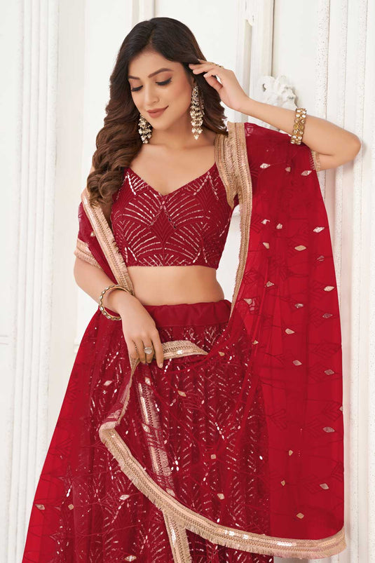 Net Fabric Captivating Red Color Lehenga