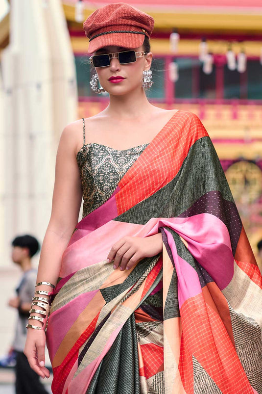 Beguiling Printed Olive Color Satin Fabric Casual Wear Saree