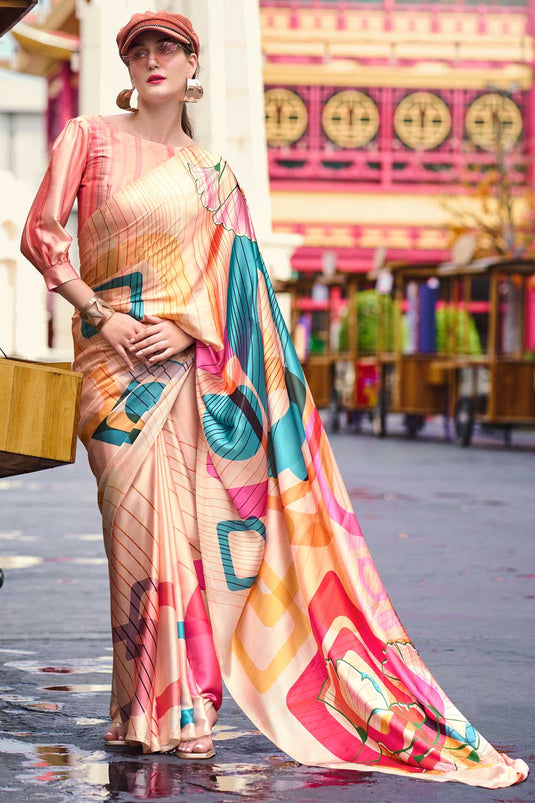 Incredible Printed Satin Fabric Multi Color Casual Wear Saree