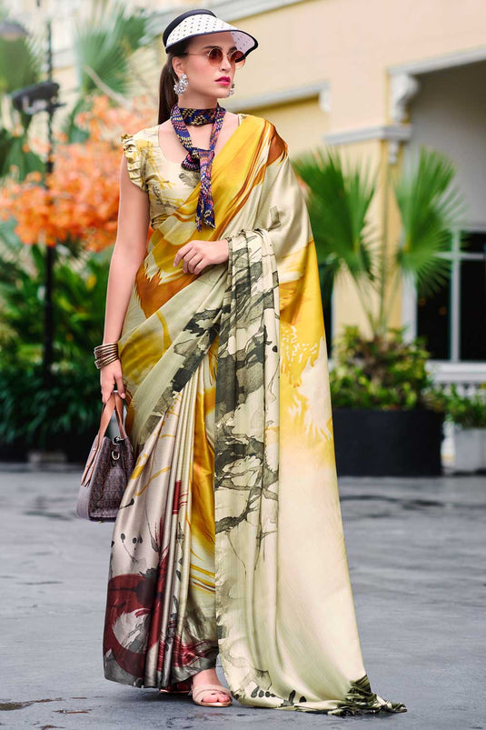 Satin Fabric Multi Color Casual Wear Saree With Tempting Printed Work