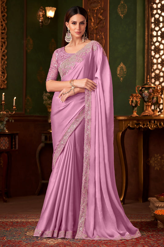 Ethereal Pink Color Silk Chiffon Fabric Wedding Wear Saree