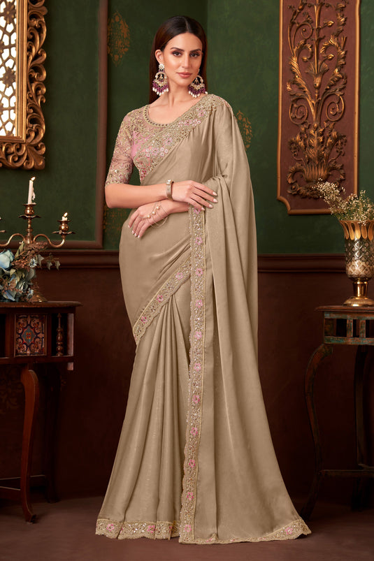 Timeless Beige Color Silk Georgette Fabric Function Saree