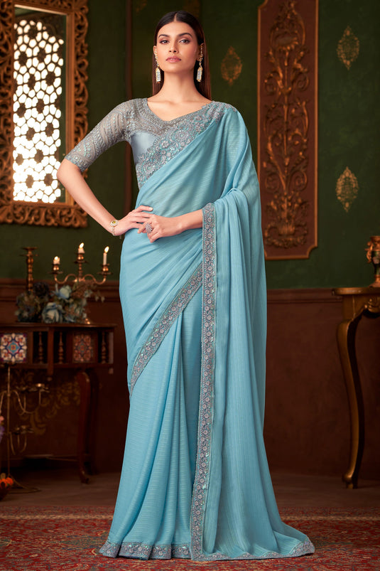 Luxe Sky Blue Color Lace Work Saree