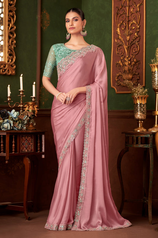 Pink Radiance Lace Border Work Silk Chiffon Saree