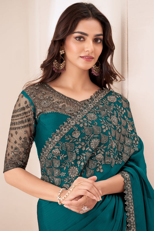 Classic Dark Cyan Chiffon Satin Wedding Function Saree