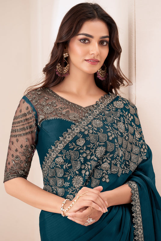 Teal Radiance Embroidered Work Chiffon Satin Saree