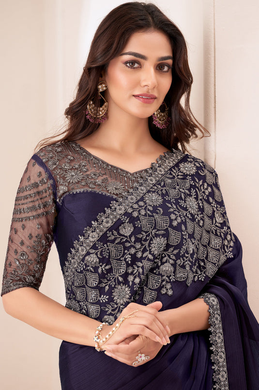 Opulent Navy Blue Charm Chiffon Satin Saree