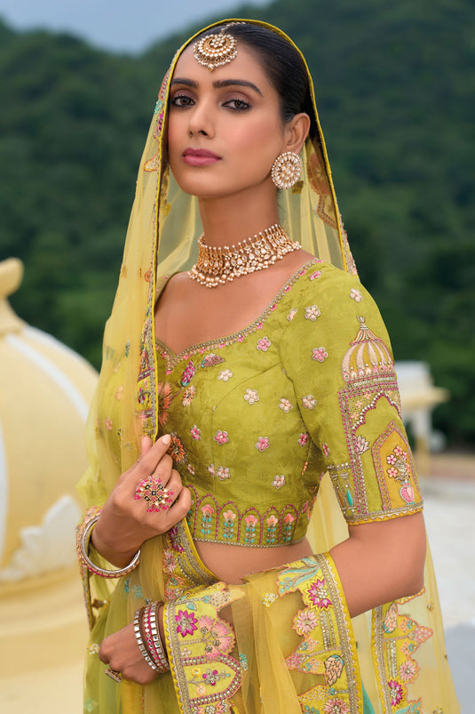 Champagne Green Pure Silk Heavy Embroidered Bridal Lehenga Choli