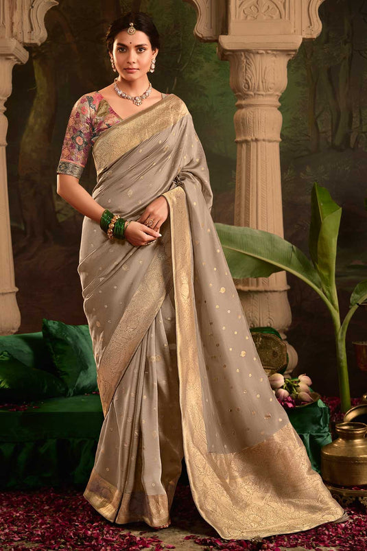 Beige Color Crepe Silk Fabric Special Saree With Weaving Work