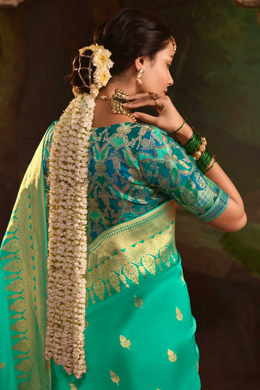 Crepe Silk Fabric Sea Green Color Pleasance Saree With Weaving Work