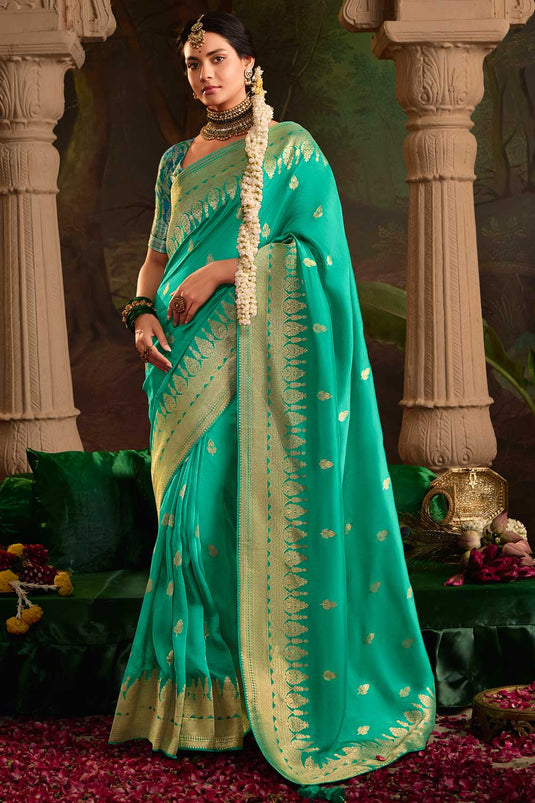 Crepe Silk Fabric Sea Green Color Pleasance Saree With Weaving Work