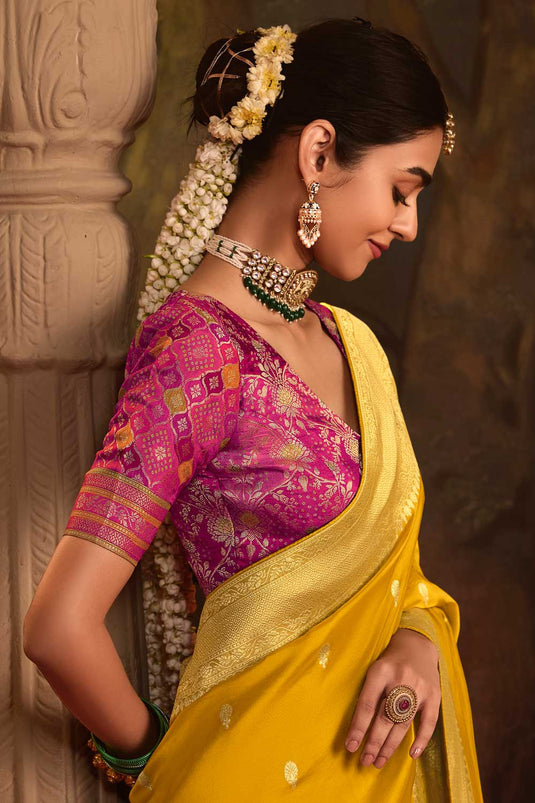 Weaving Work On Crepe Silk Fabric Bewitching Saree In Yellow Color