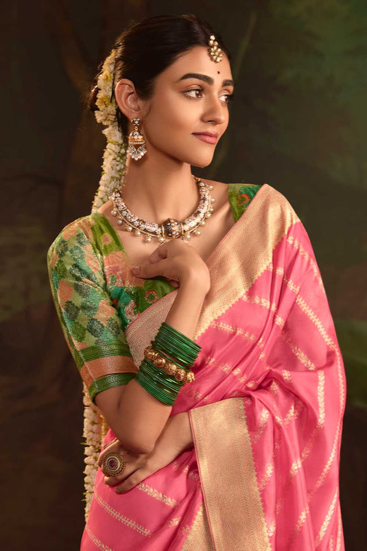 Pink Color Crepe Silk Fabric Coveted Saree With Weaving Work