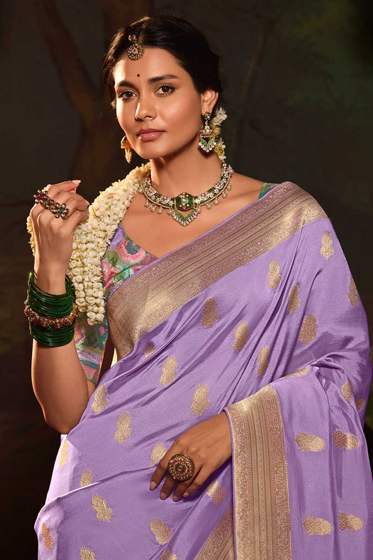 Crepe Silk Fabric Lavender Color Patterned Saree With Weaving Work