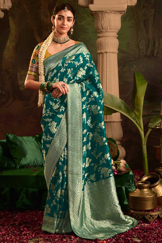 Teal Color Crepe Silk Fabric Engaging Saree With Weaving Work