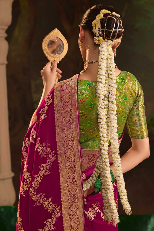 Weaving Work On Magenta Color Sober Saree In Crepe Silk Fabric