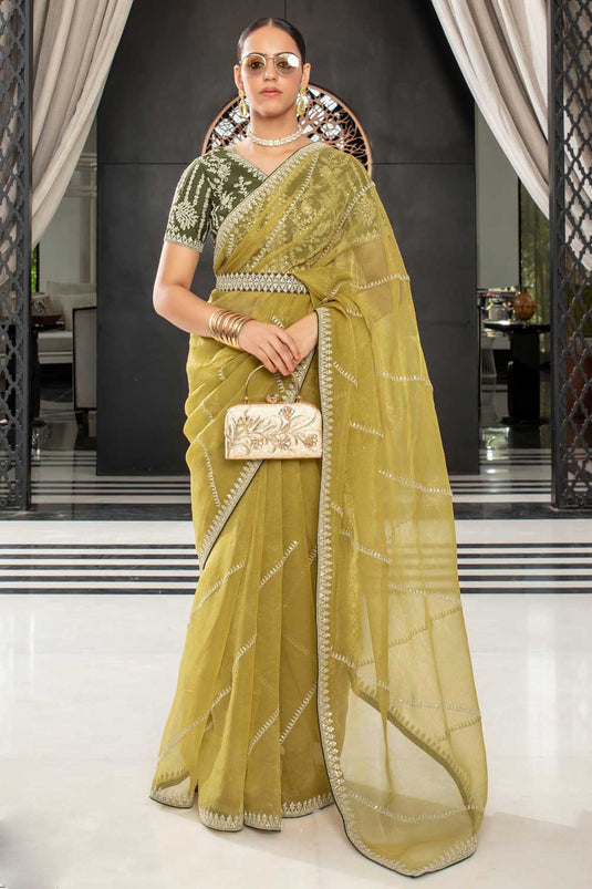 Function special Yellow Color Lace Work Organza Saree