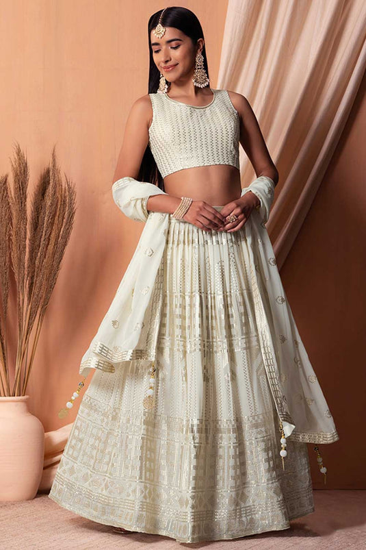 Off White Color Beautiful Sequins Designs Georgette Lehenga Choli