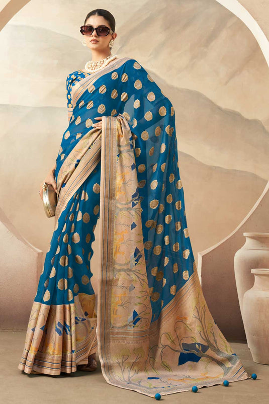 Entrancing Georgette Fabric Saree In Cyan Color With Printed Work