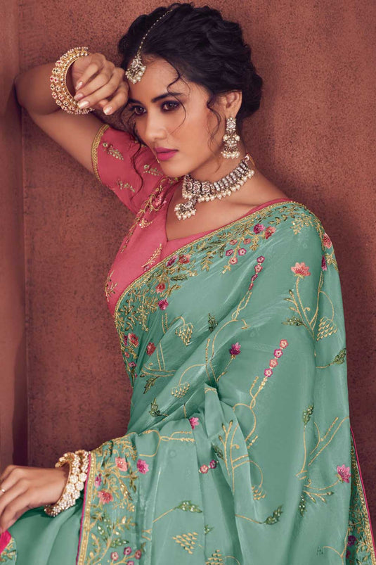 Light Cyan Color Glorious Organza Saree With Embroidered Work