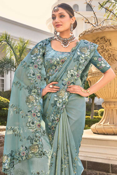 Sea Green Color Glorious Organza Saree With Stone and Thread Work