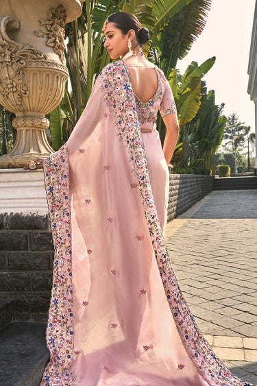 Stone and Thread Work Attractive Banarasi Saree In Pink Color