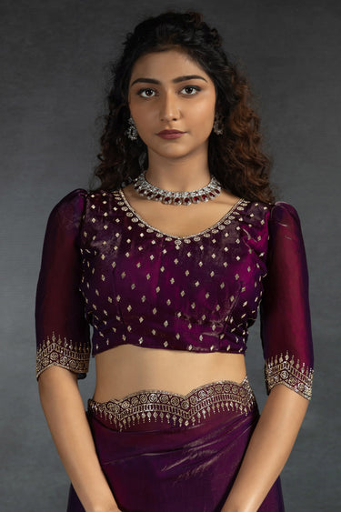 Satin Silk Purple Stone Border Work Party Wear Saree