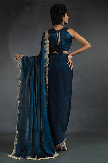 Navy Blue Satin Silk Stone Border Work Party Wear Saree