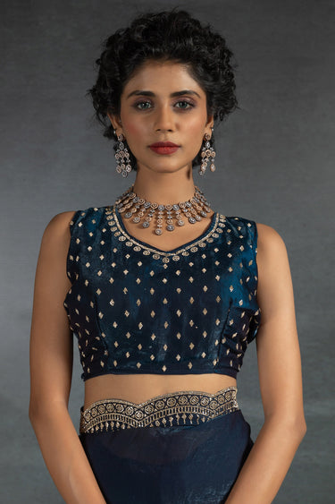 Navy Blue Satin Silk Stone Border Work Party Wear Saree