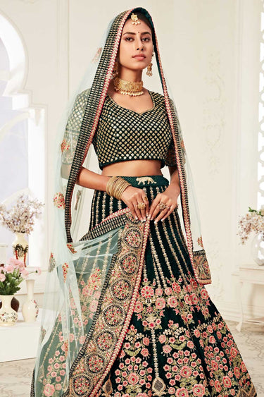 Sequins Work On Dark Green Color Sober Lehenga In Velvet Fabric